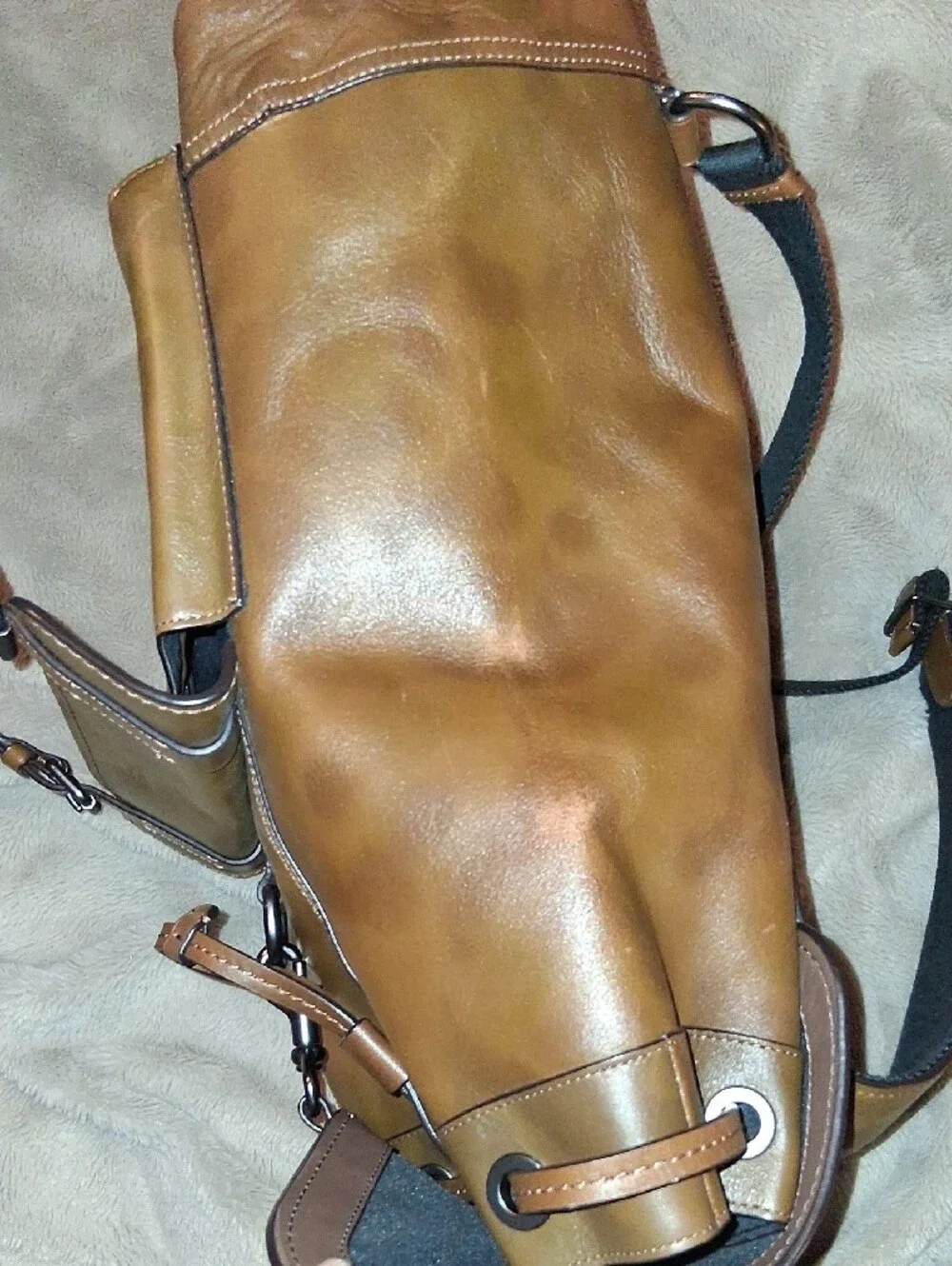 Coach Brown Leather Men's Backpack with Buckle Front Pocket and Hook Closure